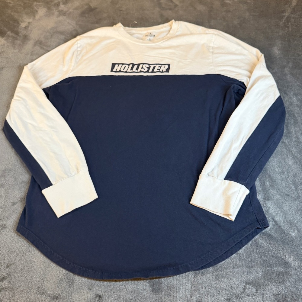 Hollister Long Sleeve TShirt Colorblock Logo Blue White Casual Youth Extra Large